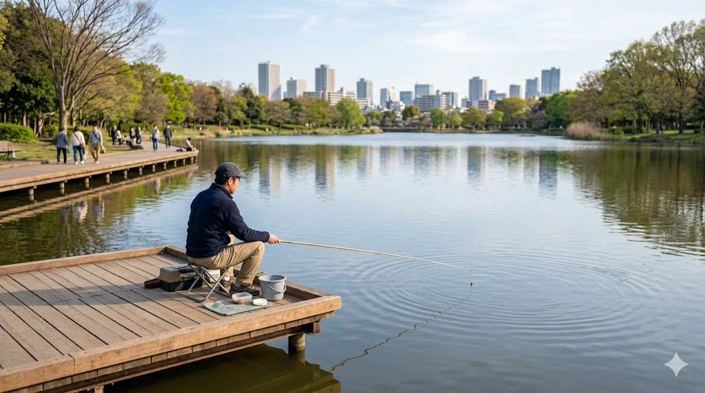 都心の中にある舎人公園の大池。遠景にビル群が見え、手前のウッドデッキで日本人男性が静かにのべ竿釣りを楽しんでいる風景。穏やかな休日