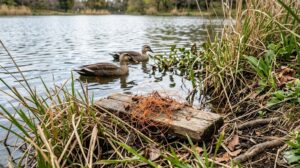 舎人公園の池の岸辺。カルガモが泳いでいる。近くの草むらには、放置された釣り糸が絡まった木片がある。野鳥の命が危険に晒されていることを伝える。
