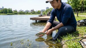 舎人公園の池。釣れた特定外来生物(ブラックバス)を、日本人男性が優しく水に戻している。手を水で冷やしてから触っている様子。キャッチ&リリース。
