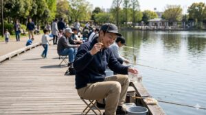 舎人公園の東側ウッドデッキ。足場の良い木のデッキ。多くの釣り人で賑わっている。日本人男性がのべ竿で小物釣りを楽しみ、クチボソが釣れた瞬間。