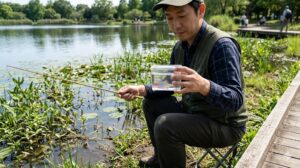 舎人公園の池の静かなワンド。水草の多い場所。タナゴ釣り専用の繊細なタックル(短い竿、細い糸、小さなウキ)を持った日本人男性。釣り上げられた虹色のタナゴ。