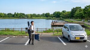 舎人公園第2駐車場の入口と、その奥に広がる大池。駐車場から池へのアクセスの良さが分かる。車から荷物(竿ケース、椅子)を降ろして池に向かう日本人男性。