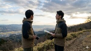 2026年ゴールデンウィークの穴場スポットで、山並みを眺める男性の一人旅。