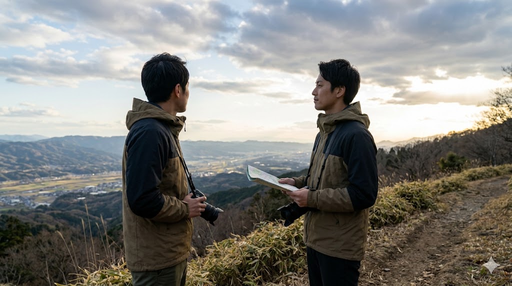 2026年ゴールデンウィークの穴場スポットで、山並みを眺める男性の一人旅。