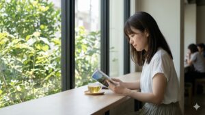 2026年ゴールデンウィークの沖縄で、安全なブックカフェにて静かに過ごす女性の一人旅。