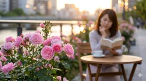 大阪の中之島公園バラ園で、静かに読書を楽しむ女性の一人旅。