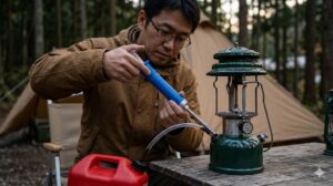 キャンプ場の木製テーブルの上で、日本人男性がコールマンの残ガソリン抜き取りポンプを使い、ランタン（ノーススター）のタンクからホワイトガソリンを別容器へ移すメンテナンスの様子。