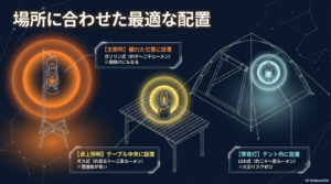 メインランタン（ガソリン式）、テーブルランタン（ガス式）、常夜灯（LED式）の最適な配置場所とルーメン数を解説したスライド。