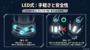LEDランタンの電池の向きの注意点と、分割パネル型を持ち運ぶ際にパネルの取っ手を持つと大破するリスクを警告するスライド。