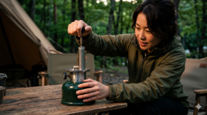 キャンプ場でコールマンのガソリンランタン（ノーススター）のポンピング作業をする日本人女性。親指で空気穴を塞ぎ、ノブを最後まで押し込み抵抗を確認する様子。