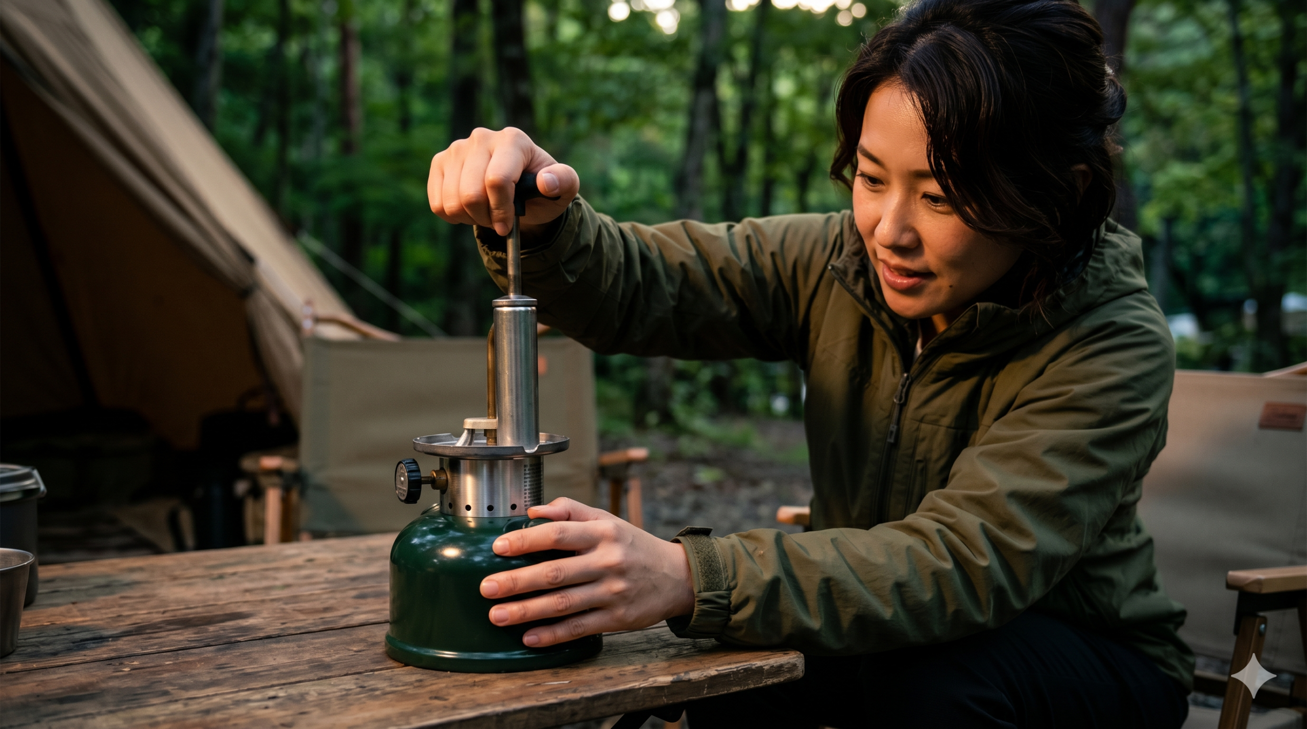 キャンプ場でコールマンのガソリンランタン（ノーススター）のポンピング作業をする日本人女性。親指で空気穴を塞ぎ、ノブを最後まで押し込み抵抗を確認する様子。