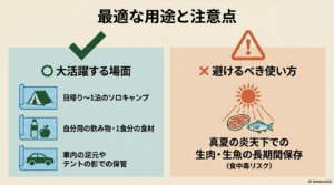テイク6の用途解説。日帰りから1泊のソロキャンプや飲み物・1食分の食材保管に適している一方、真夏の炎天下で生肉や生魚を長期間保存することは食中毒リスクのため避けるべきと伝える注意喚起イラスト。