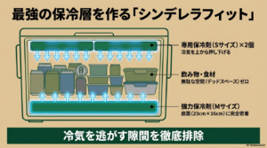クーラーボックス内部のパッキング図解。底面にロゴス氷点下パックMサイズを完全密着させ、中央に飲み物や食材を置き、上部に専用保冷剤Sサイズ2個を並べて冷気を上から押し下げる、デッドスペースゼロの最強保冷配置。