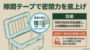 テイク6の蓋の裏縁に「幅10mm、厚み5mm」のスポンジテープを貼るカスタムイラスト。冷気の流出を遮断する効果と、テープの反発で蓋が硬くなるため上から体重をかけて閉めるという注意点（自己責任）の解説。