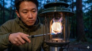 暗くなったキャンプ場で、コールマンランタンの新品マントルをライターで空焼き（プレファイア）する様子。炎がマントルを均等に包み込み、灰化していく過程。